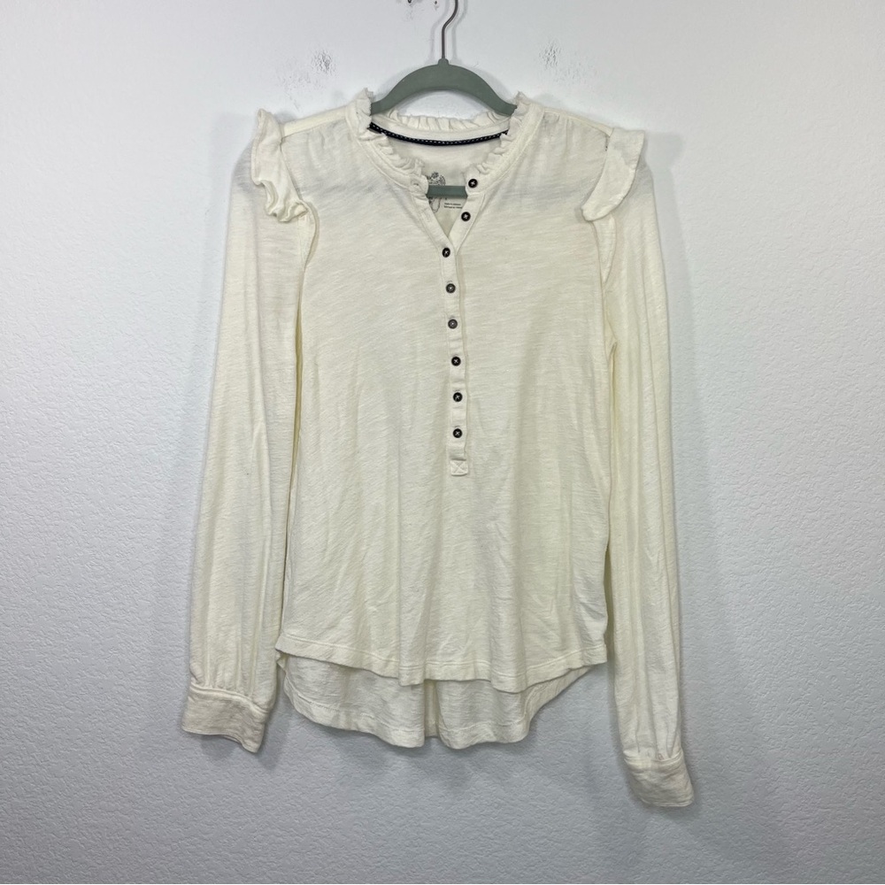 Pilcro Anthropologie Ruffled Henley Top size Small Creme Knit‎ Shirt Longsleeve - Picture 2 of 9